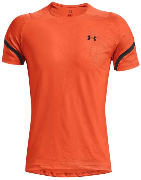 Herren Tennis-T-Shirt Under Armour Men's Rush 2.0 Emboss Short Sleeve - blaze orange/jet gray