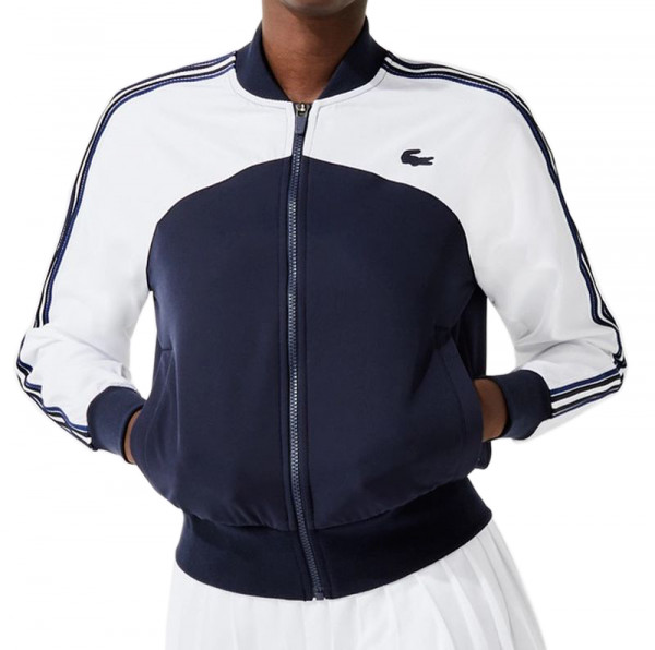  Lacoste Women's Sport Loose Fit Colorblock Zip Teddy Jacket - white/navy blue/blue