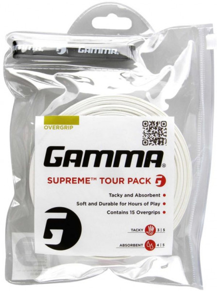 Tenisa overgripu Gamma Supreme Tour Pack white 15P