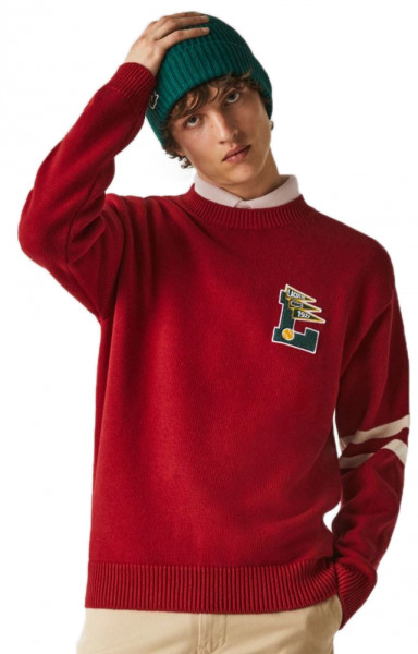 Męska bluza tenisowa Lacoste Men’s Crew Neck Pennants L Badge Wool And Cotton Sweater - red/beige