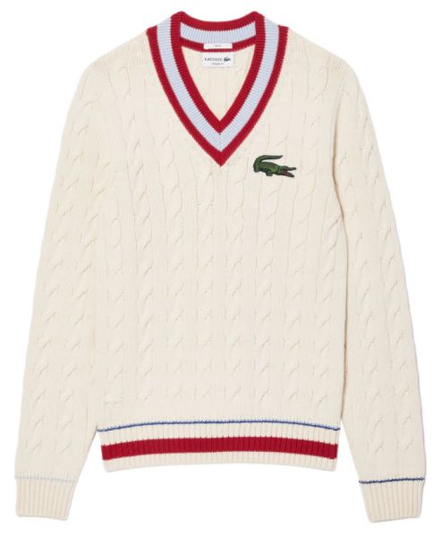 Férfi tenisz pulóver Lacoste Unisex V-Neck Cable Knit Sweater In Organic Cotton - white/bordeaux/light blue