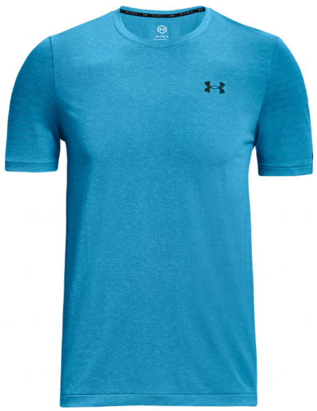 Herren Tennis-T-Shirt Under Armour Men's UA Rush Seamless GeoSport Short Sleeve - Schwarz, Türkis