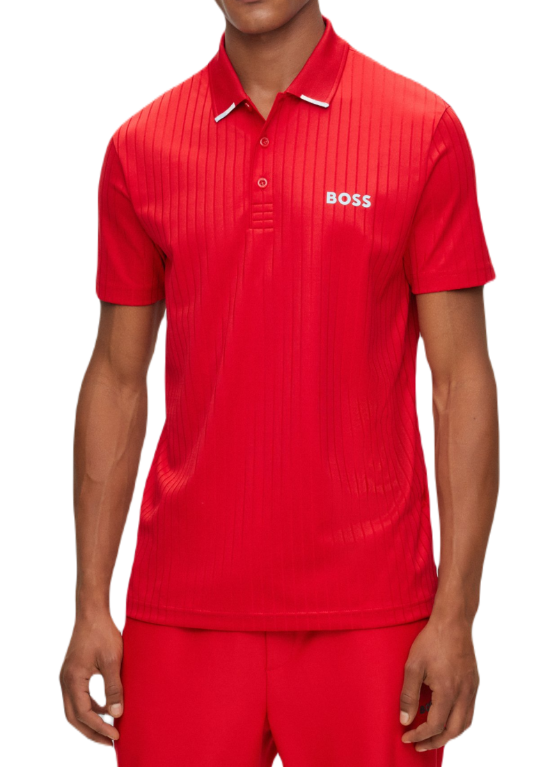 Men\'s Polo T-shirt BOSS Drop-needle Polo Shirt With Contrast Logos - medium  red | Tennis Zone | Tennis Shop