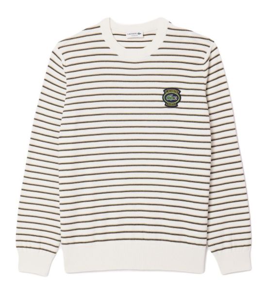 Herren Tennissweatshirt Lacoste Badge Crew Neck Striped Cotton Sweater - white/beige/black/green