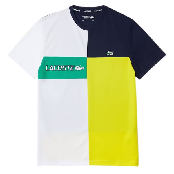  Lacoste Men's SPORT Crew Neck Breathable Piqué T-Shirt - white/navy blue/yellow/gre