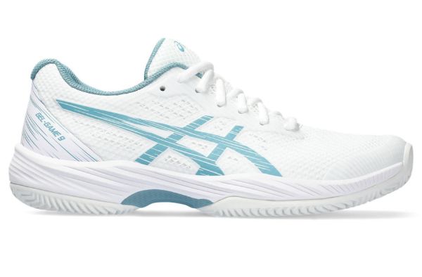Zapatillas de tenis para mujer Asics Gel-Game 9 Clay/OC - white/gris blue