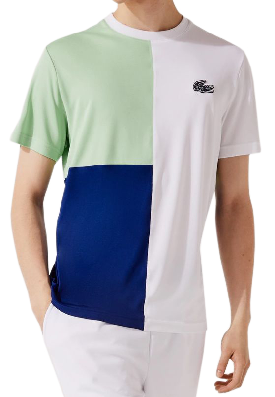 Lacoste Men’s SPORT Tricolour Breathable Light Piqué T-shirt - white/green/blue Lacoste Men’s SPORT Tricolour Breathable Light Piqué T-shirt - white/green/blue