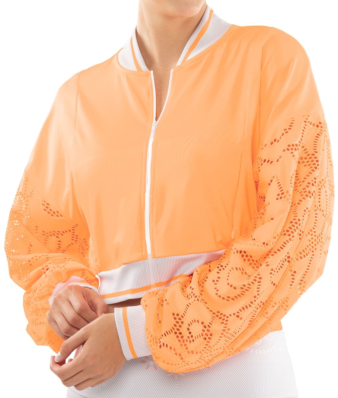 Lucky in Love Eyelet Go Lace Cropped Bomber Jacket Women - orange frost/white