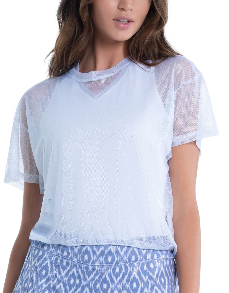 CT931-977-1 Lucky in Love All About Ikat Pearlized Mesh Short Sleeve Top - metallic silver