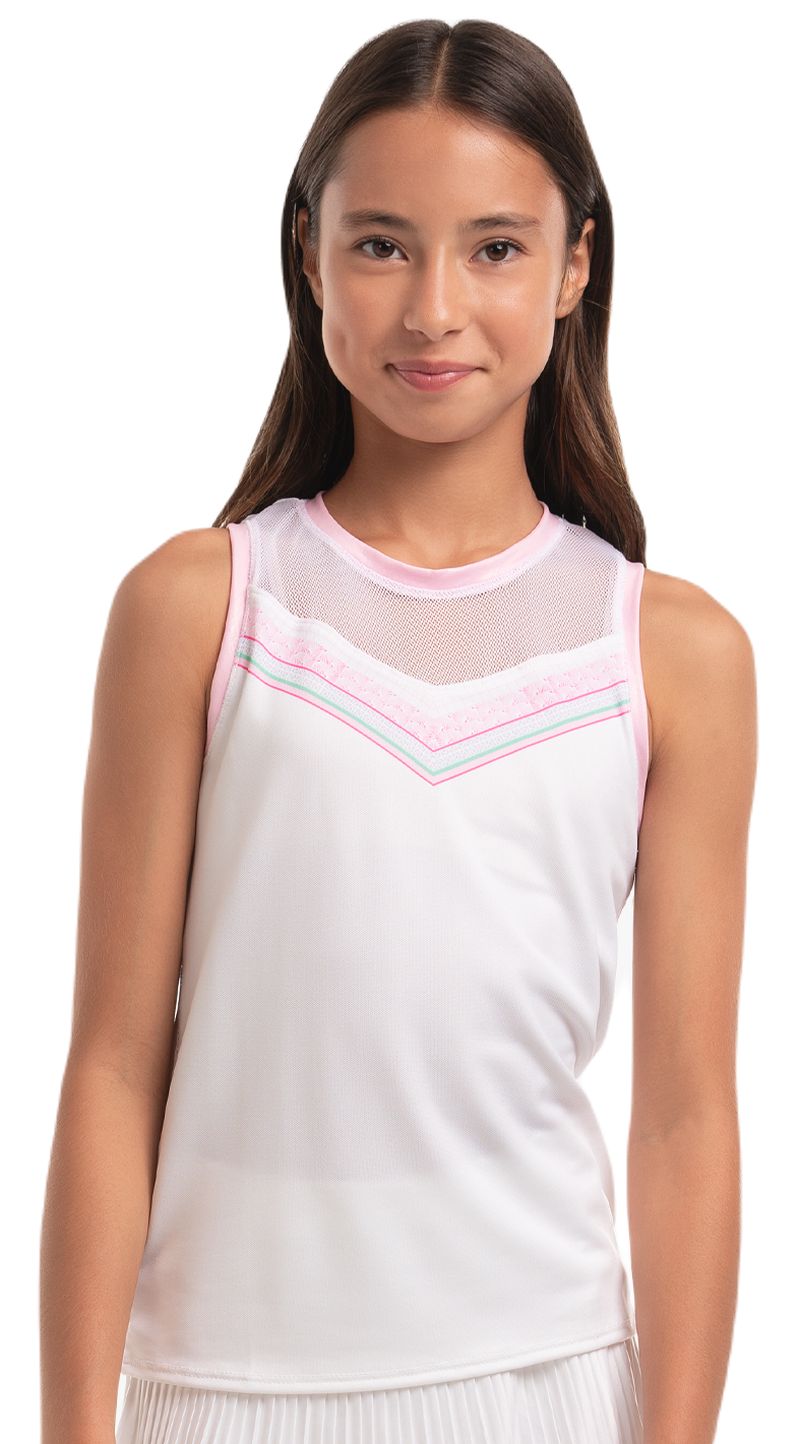 T289-X35110-2 Lucky in Love Girls Deco in Love Retro Deco Tie Back Tank - white