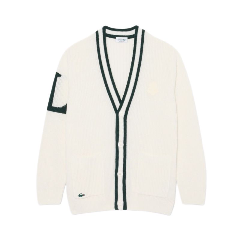Lacoste Badge Accent Wool Blend Golf Cardigan - white/green