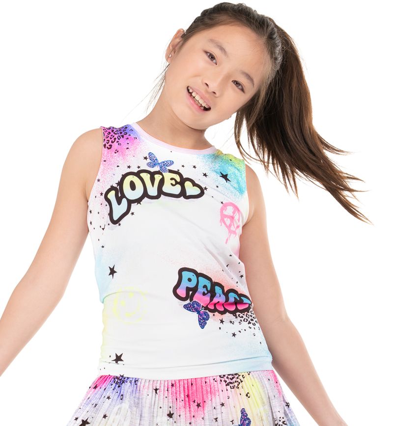 T211-U97955-1 Lucky in Love Novelty Print Graffiti Squad Tie Back Tank - multicolor