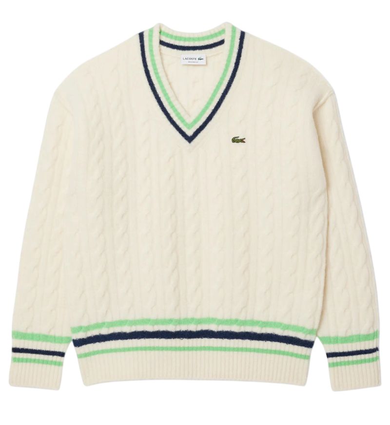 Lacoste V-Neck Cable Knit Wool - white/green/navy blue