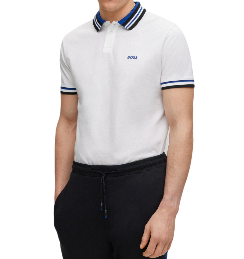 BOSS Cotton-Piqué Polo Shirt With Ribbed Striped Trims - white