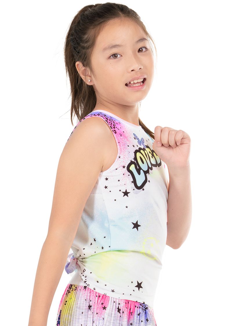 T211-U97955-1 Lucky in Love Novelty Print Graffiti Squad Tie Back Tank - multicolor