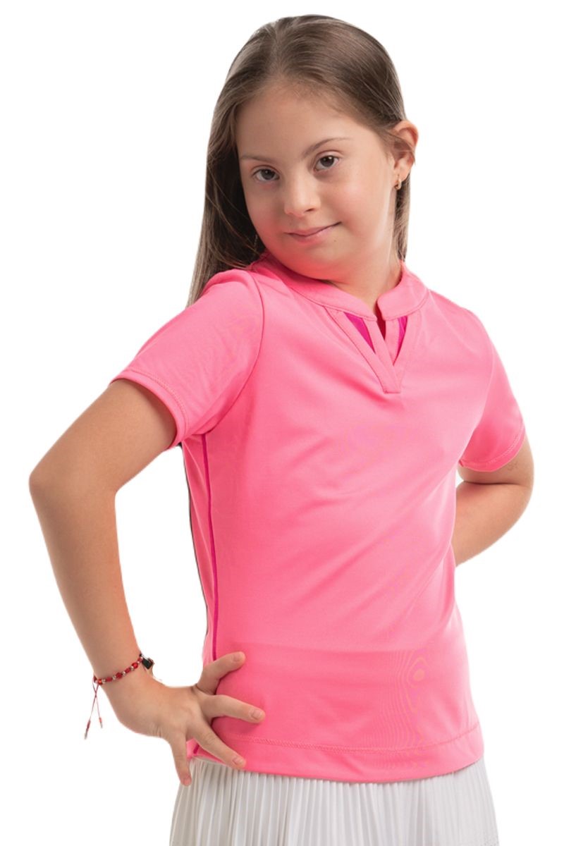 T267-648-2 Lucky in Love Girls Tropical Double V Short Sleeve - neon pink