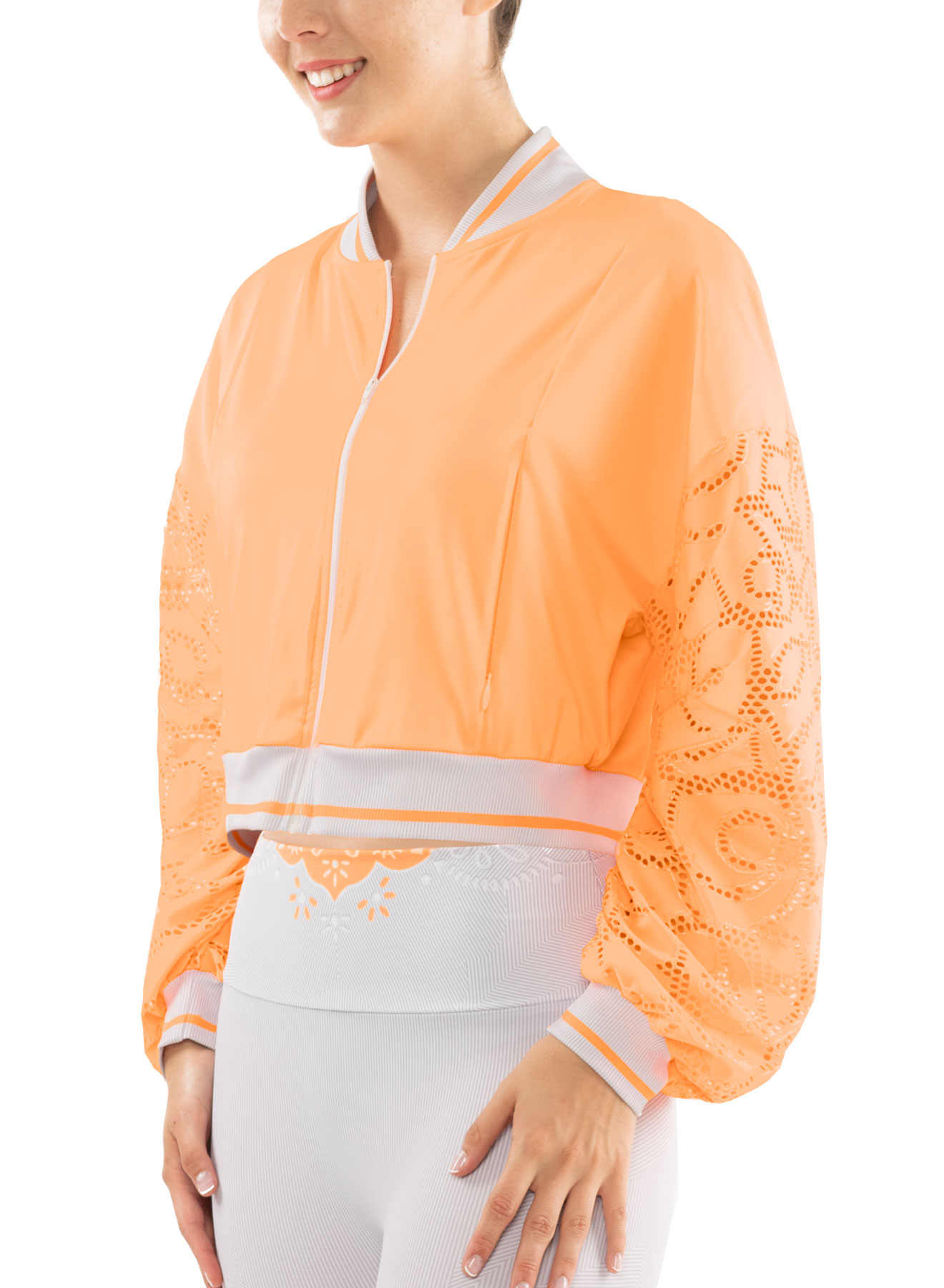 Lucky in Love Eyelet Go Lace Cropped Bomber Jacket Women - orange frost/white