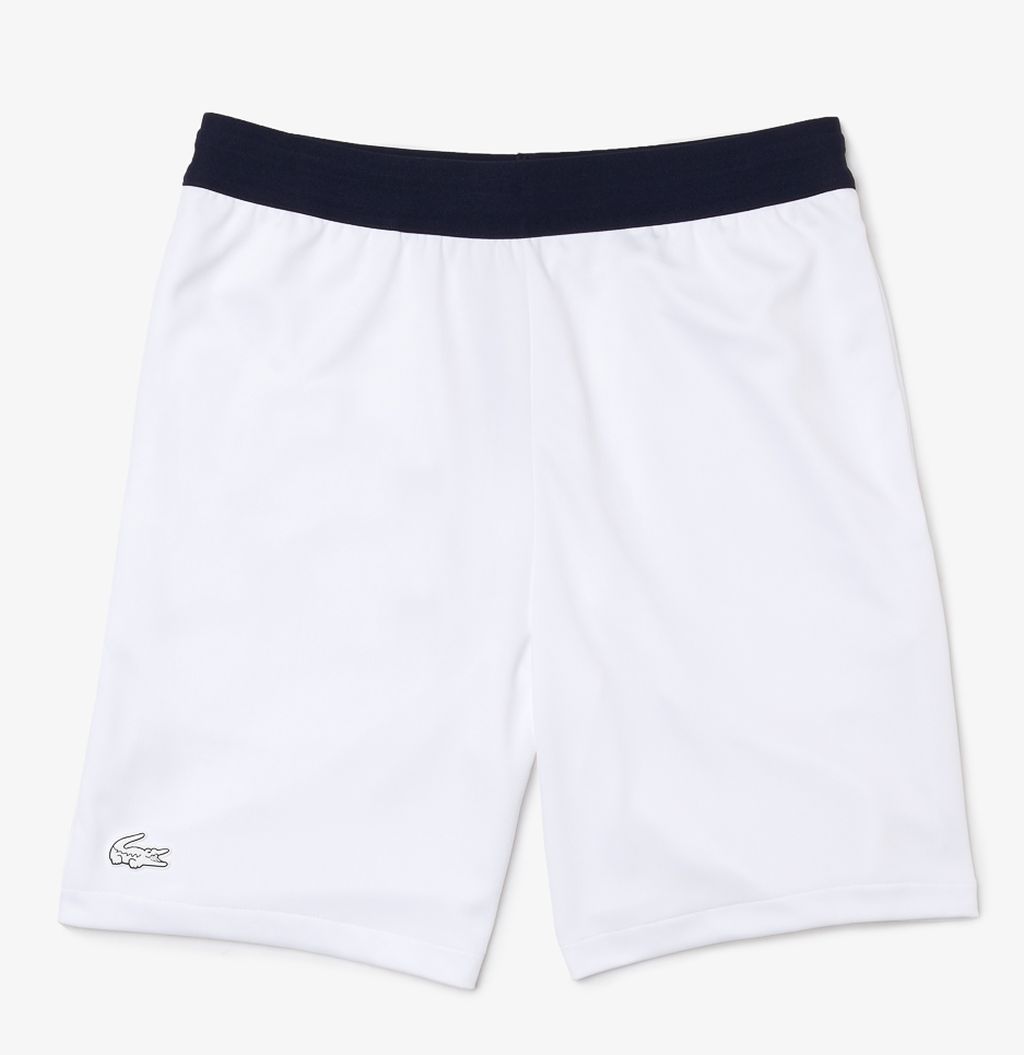 Lacoste Men’s SPORT Contrasting Elasticised Waist Jacquard Shorts - white/blue mar Lacoste Men’s SPORT Contrasting Elasticised Waist Jacquard Shorts - white/blue mar