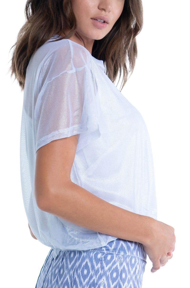 CT931-977-1 Lucky in Love All About Ikat Pearlized Mesh Short Sleeve Top - metallic silver