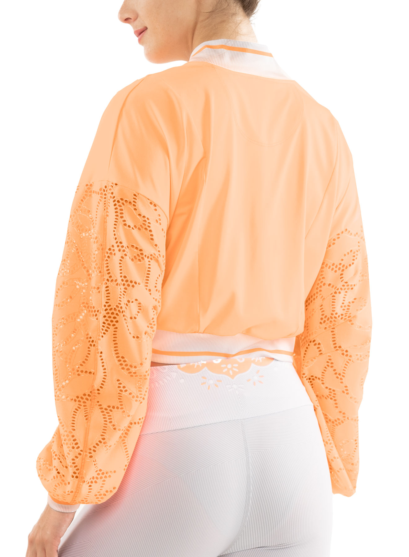 Lucky in Love Eyelet Go Lace Cropped Bomber Jacket Women - orange frost/white